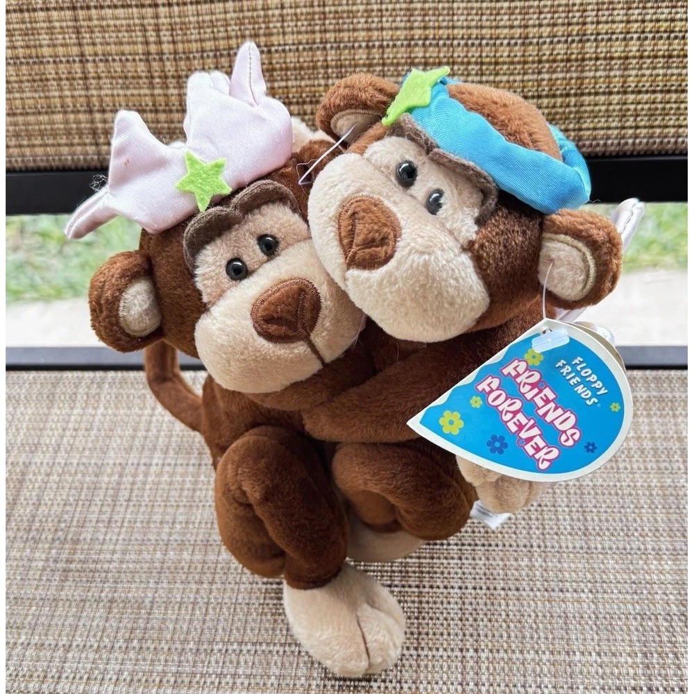 Vtg Y2K 2001 Floppy Friends Best Friends Forever Monkey Plush Duo Angel/Princess